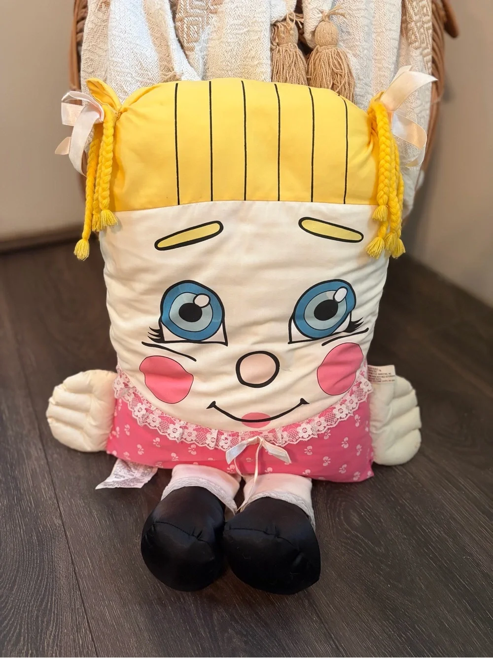 1985 Pillow People Stuffed Toy 24” Blue Eyed Blond Girl Pigtails Ribbons Lace